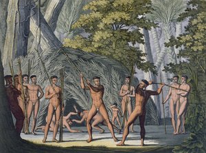 Plemię Botocudos z Rio Grande, Paragwaj, z „Le Costume Ancien et Moderne”, autorstwa Julesa Ferrario, opublikowane ok. 1820-30 (kolorowe grawerowanie) (patrz także 177059)